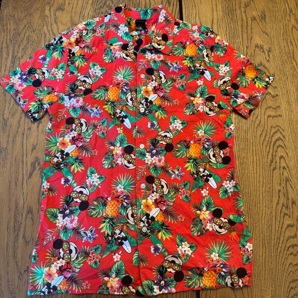 Disney Vintage Red Floral Men's Button Down  Hawaiian Party Shirt Mickey‎